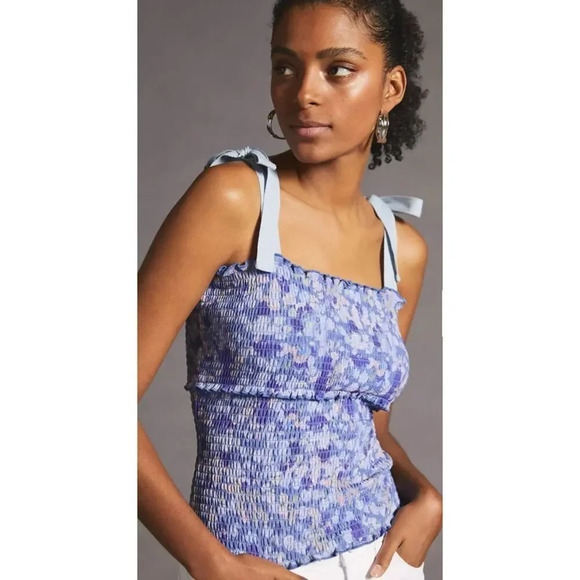 by ANTHROPOLOGIE | Retro Stretchy Smocked Tie Bows Top Tank Cami Sz. XL Floral - Picture 2 of 5